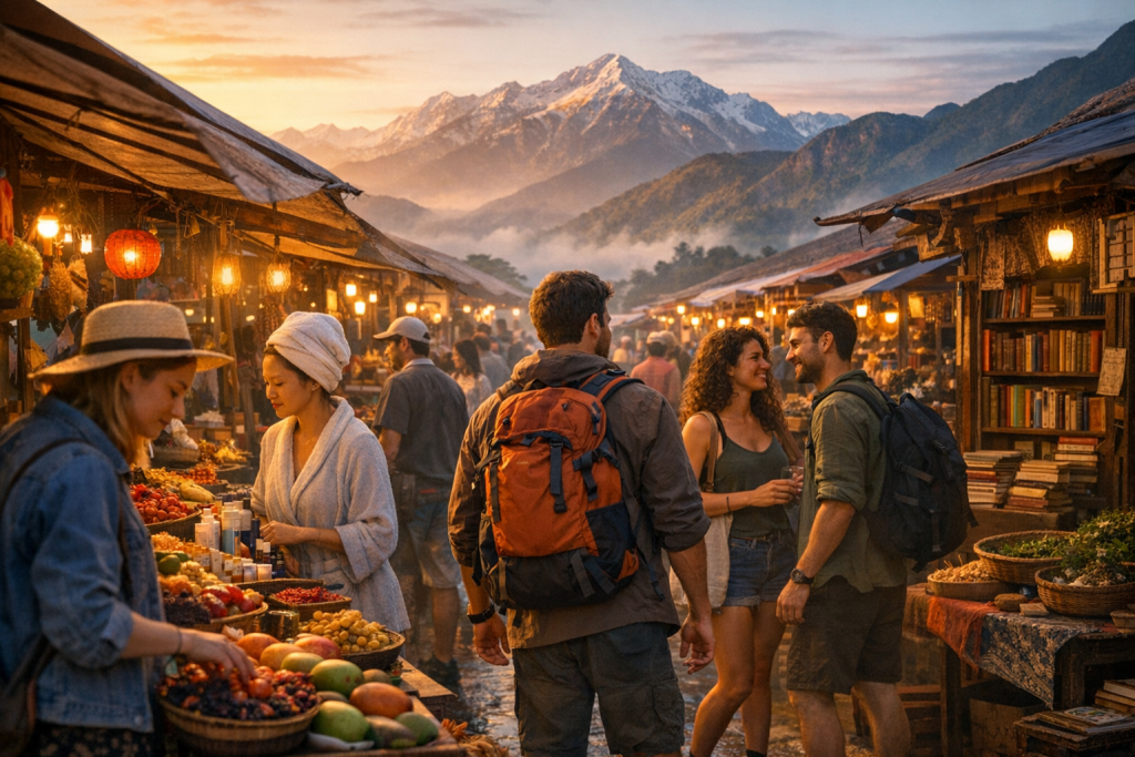 Des voyageurs explorant un marché local animé à l’aube, entourés d’étals colorés, de produits artisanaux et de montagnes embrumées, symbolisant les nouvelles tendances du voyage axées sur l’authenticité et la découverte.