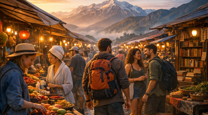 Des voyageurs explorant un marché local animé à l’aube, entourés d’étals colorés, de produits artisanaux et de montagnes embrumées, symbolisant les nouvelles tendances du voyage axées sur l’authenticité et la découverte.
