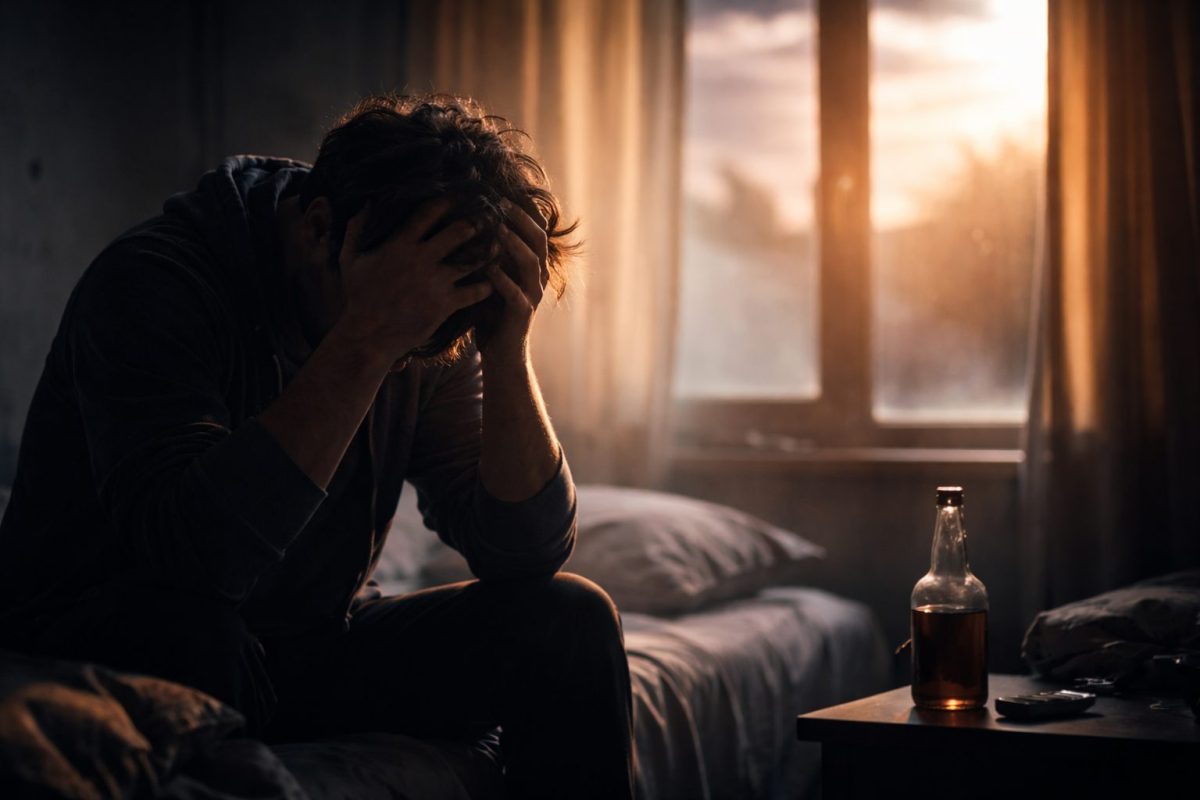Personne assise sur le bord d’un lit au lever du jour, tête entre les mains en signe de détresse après une rechute liée à une addiction, lumière douce entrant par la fenêtre symbolisant l’espoir et la reprise du contrôle.