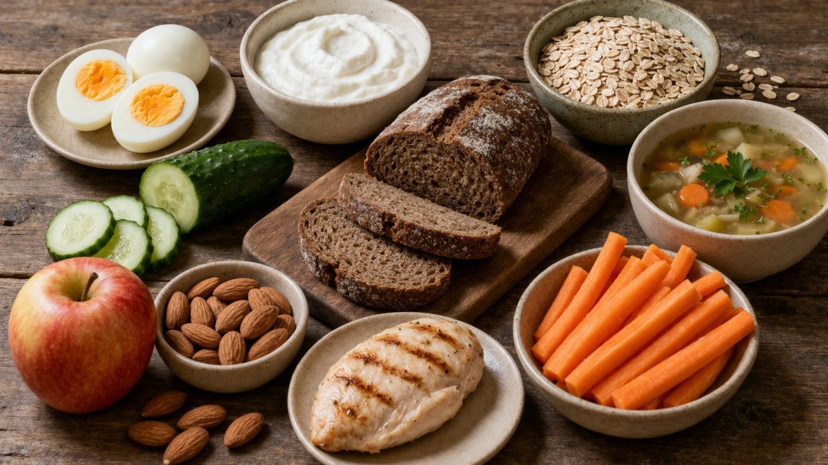 Assortiment d’aliments coupe-faim naturels avec œufs, pain foncé, fruits, légumes, amandes, flocons et viande maigre disposés sur une table en bois dans une ambiance saine