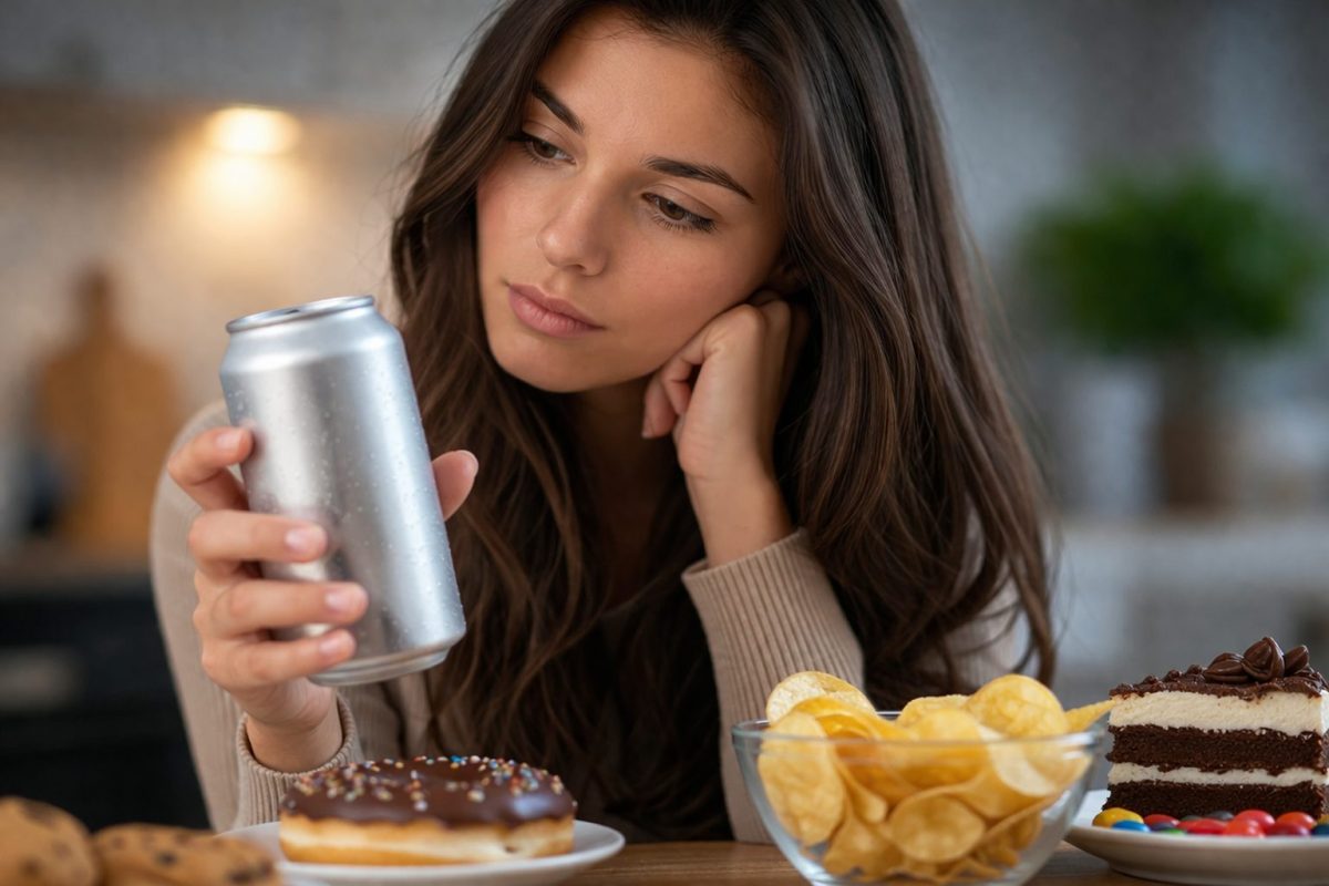 Femme observant une canette neutre sans marque avec un regard hésitant, entourée de snacks sucrés et salés, illustrant la tentation alimentaire et la confusion entre envie et satiété