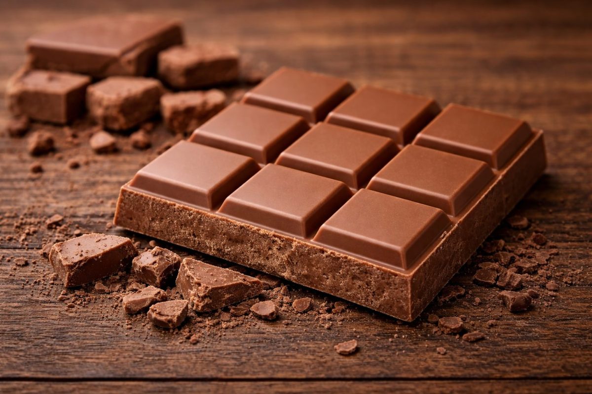 Tablette de chocolat au lait posée sur une surface en bois avec des morceaux et éclats autour, illustrant un chocolat riche en sucre et en matières grasses avec une teneur modérée en cacao.