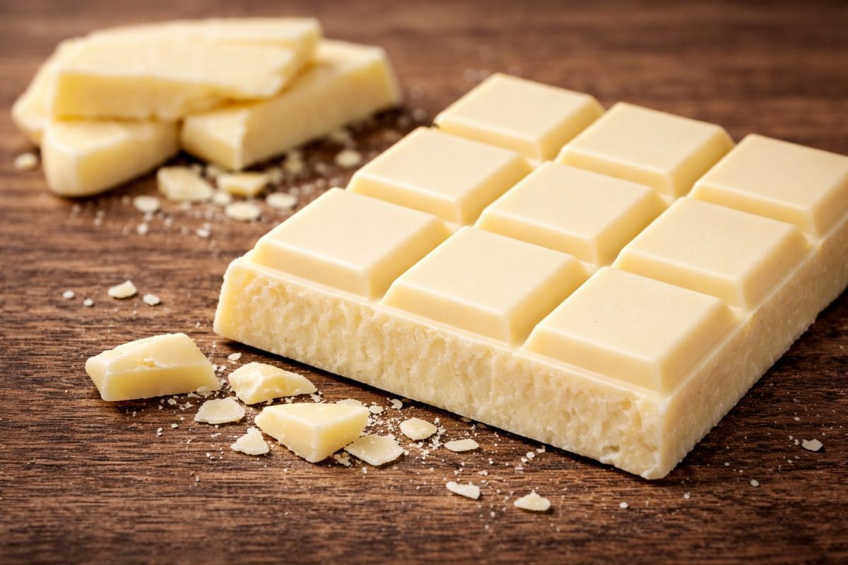 Tablette de chocolat blanc posée sur une surface en bois avec des morceaux et éclats autour, illustrant un chocolat riche en sucre et en matières grasses, sans cacao solide.