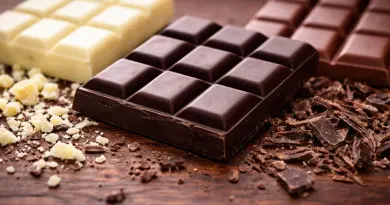 Tablettes de chocolat noir, chocolat au lait et chocolat blanc disposées côte à côte sur une surface en bois, avec le chocolat noir au centre en premier plan, illustrant la différence de couleur, de texture et de composition nutritionnelle entre les trois types de chocolat.
