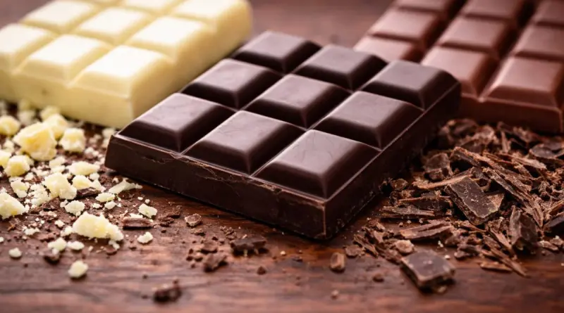 Tablettes de chocolat noir, chocolat au lait et chocolat blanc disposées côte à côte sur une surface en bois, avec le chocolat noir au centre en premier plan, illustrant la différence de couleur, de texture et de composition nutritionnelle entre les trois types de chocolat.