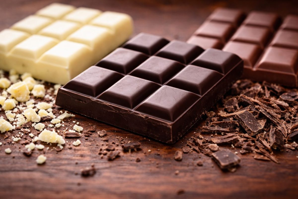 Tablettes de chocolat noir, chocolat au lait et chocolat blanc disposées côte à côte sur une surface en bois, avec le chocolat noir au centre en premier plan, illustrant la différence de couleur, de texture et de composition nutritionnelle entre les trois types de chocolat.