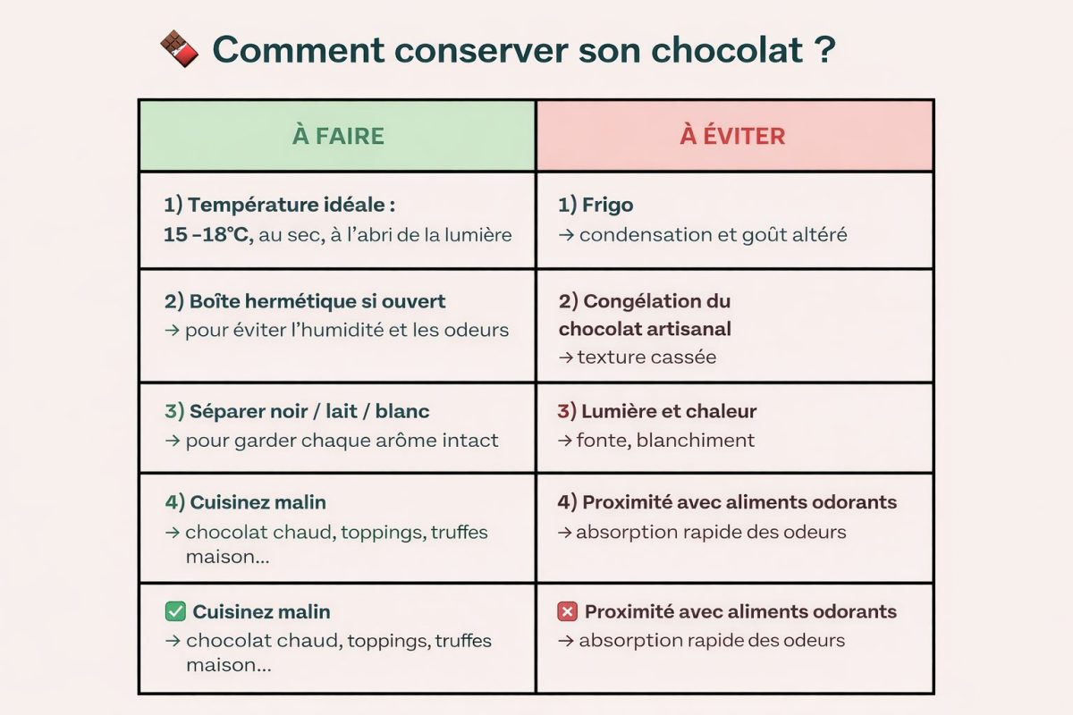 Infographie expliquant comment conserver le chocolat avec un tableau comparatif des bonnes pratiques et des erreurs à éviter, incluant la température idéale, l’humidité, la lumière, le stockage et les conditions à proscrire comme le réfrigérateur ou la chaleur.