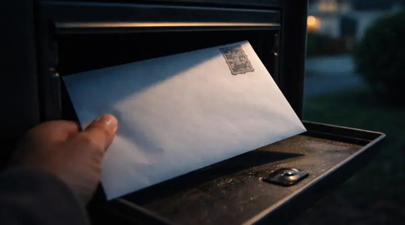 main retirant une enveloppe blanche d’une boîte aux lettres ouverte dans une ambiance sombre, scène évoquant un courrier inattendu reçu à domicile et un sentiment d’inquiétude