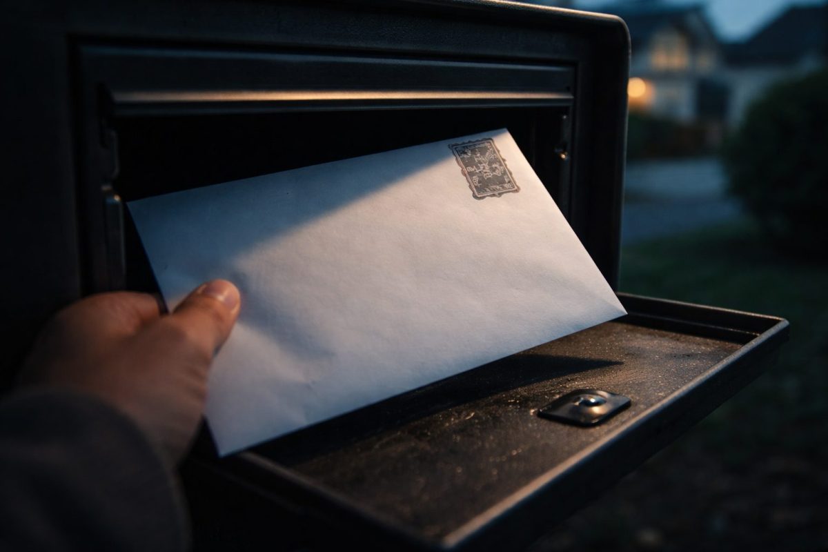 main retirant une enveloppe blanche d’une boîte aux lettres ouverte dans une ambiance sombre, scène évoquant un courrier inattendu reçu à domicile et un sentiment d’inquiétude