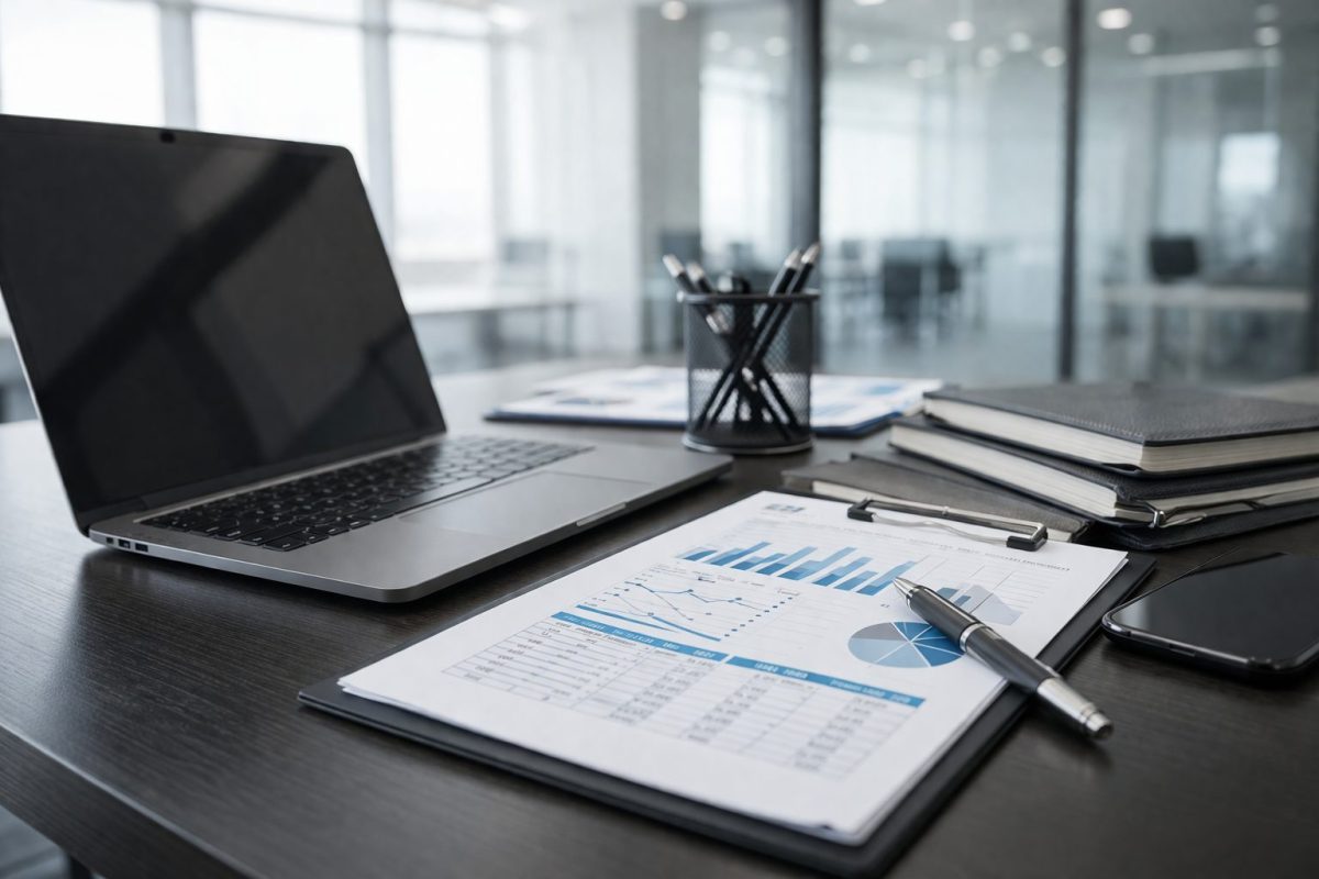 Bureau professionnel avec ordinateur portable, documents financiers et graphiques, illustrant la gestion administrative et comptable d’une micro entreprise ou auto entrepreneur