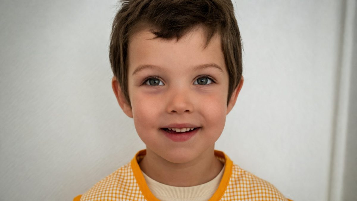 Gros plan sur le visage d’un jeune enfant souriant aux yeux clairs, regard direct et lumineux, dans un environnement intérieur doux et apaisant, expression d’innocence et d’espoir face à une situation médicale grave