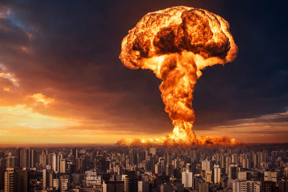 immense explosion nucléaire en forme de champignon au-dessus d’une grande ville avec immeubles denses sous un ciel dramatique et lumineux