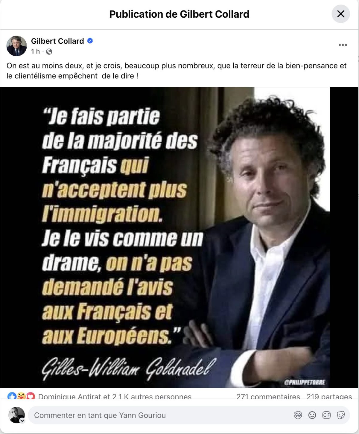 Capture d’écran d’une publication Facebook montrant une image virale avec une citation polémique sur l’immigration attribuée à un homme en costume, largement diffusée sur les réseaux sociaux, illustrant une fausse déclaration.