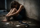 femme isolée assise contre un mur dans un environnement sombre et dégradé, tenant une seringue au sol avec du matériel lié à la consommation de drogue, illustrant la dépendance et les effets destructeurs d’une substance addictive