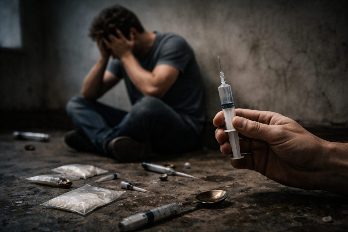 main d’un homme tenant une seringue remplie d’une substance devant un sol sale avec du matériel de drogue éparpillé, tandis qu’un homme en détresse est assis en arrière-plan dans un environnement sombre illustrant la dépendance et ses conséquences