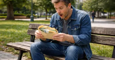 homme assis sur un banc dans un parc découvrant une enveloppe remplie de billets de banque avec une expression de surprise après avoir trouvé une importante somme d’argent