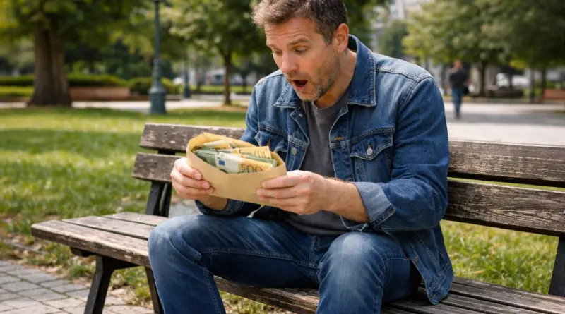 homme assis sur un banc dans un parc découvrant une enveloppe remplie de billets de banque avec une expression de surprise après avoir trouvé une importante somme d’argent