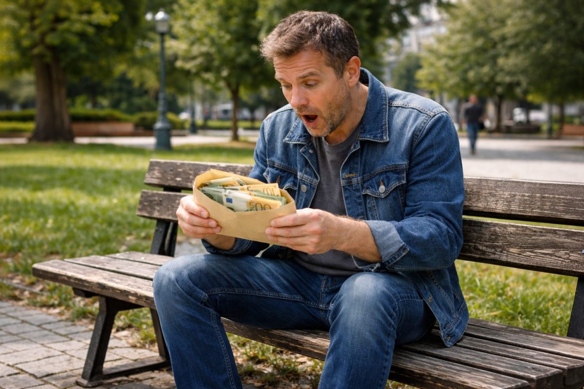 homme assis sur un banc dans un parc découvrant une enveloppe remplie de billets de banque avec une expression de surprise après avoir trouvé une importante somme d’argent