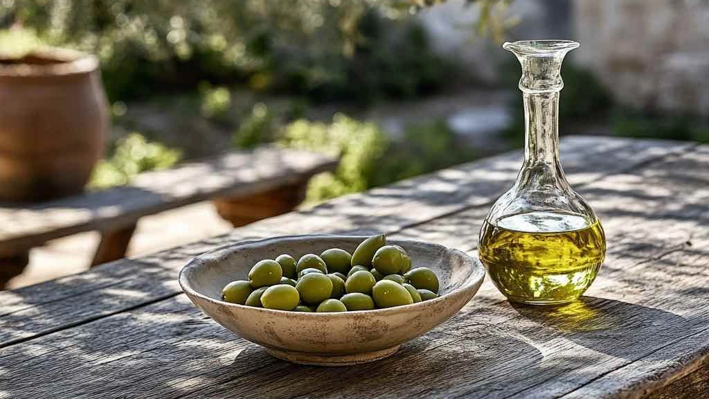 Bouteille d’huile d’olive vierge extra posée sur une table en bois avec un bol d’olives vertes fraîches, éclairage naturel extérieur dans un jardin méditerranéen