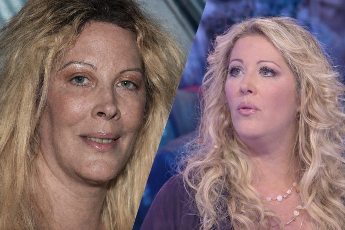 Montage avant après d’une femme blonde montrant une transformation physique marquée entre deux périodes de sa vie, avec un contraste entre un visage fatigué et une apparence plus soignée sur un plateau de télévision