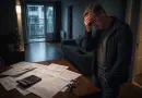 propriétaire inquiet dans un appartement vide observant des factures floutées posées sur une table avec une ambiance sombre illustrant des loyers impayés