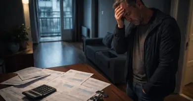 propriétaire inquiet dans un appartement vide observant des factures floutées posées sur une table avec une ambiance sombre illustrant des loyers impayés
