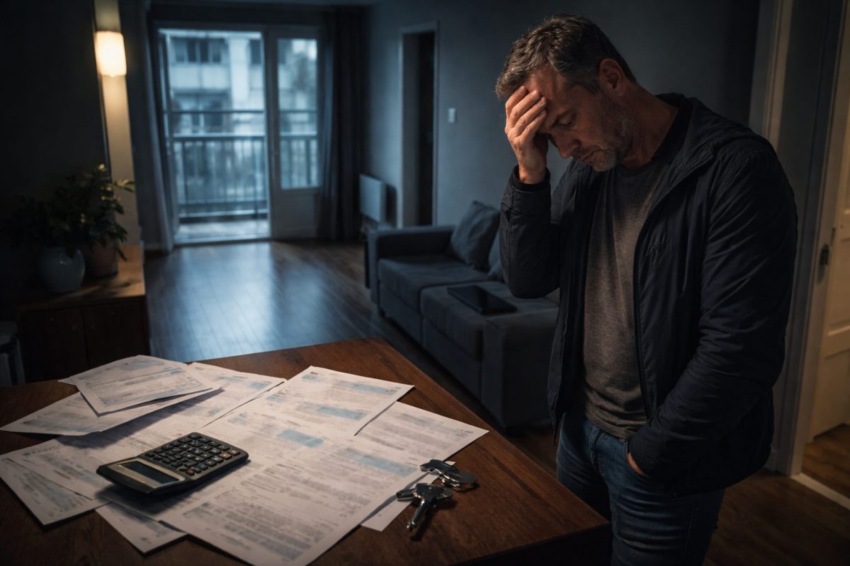 propriétaire inquiet dans un appartement vide observant des factures floutées posées sur une table avec une ambiance sombre illustrant des loyers impayés