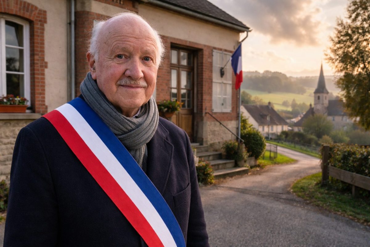 Homme âgé portant une écharpe tricolore devant une mairie de village, regard calme et déterminé, avec un paysage rural et des maisons en arrière-plan au coucher du soleil