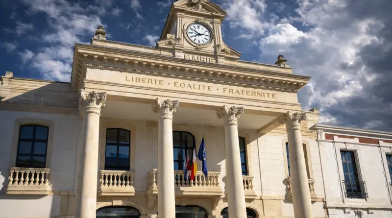 bâtiment officiel de mairie française avec colonnes blanches, horloge centrale et drapeaux nationaux sous un ciel bleu