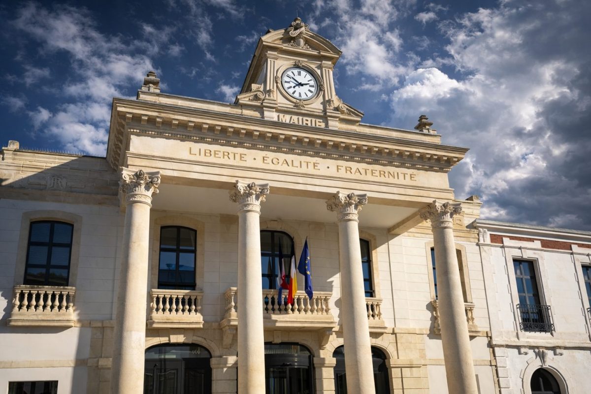bâtiment officiel de mairie française avec colonnes blanches, horloge centrale et drapeaux nationaux sous un ciel bleu