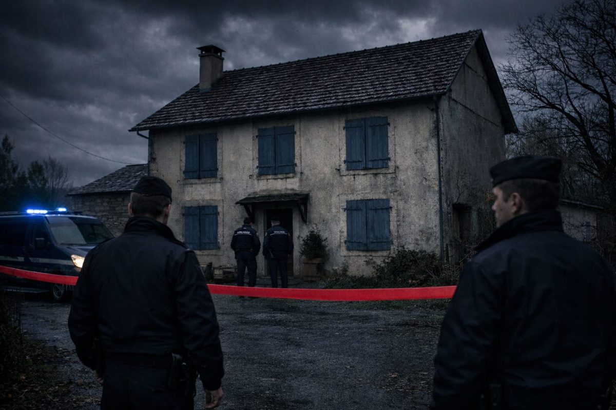 maison d’un village aux volets fermés entourée par des policiers lors d’une intervention nocturne sous un ciel sombre et orageux, avec un ruban de sécurité rouge installé devant l’habitation