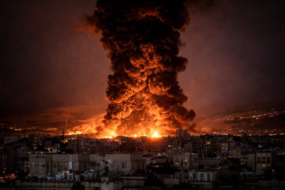 Immense colonne de fumée noire s’élevant au-dessus d’une ville en pleine nuit après une explosion, avec des flammes intenses à la base et un ciel chargé de pollution.