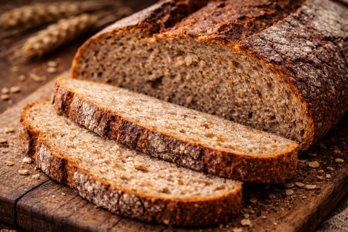 Pain complet artisanal tranché avec mie dense riche en fibres visibles et croûte foncée rustique posé sur une planche en bois ambiance naturelle
