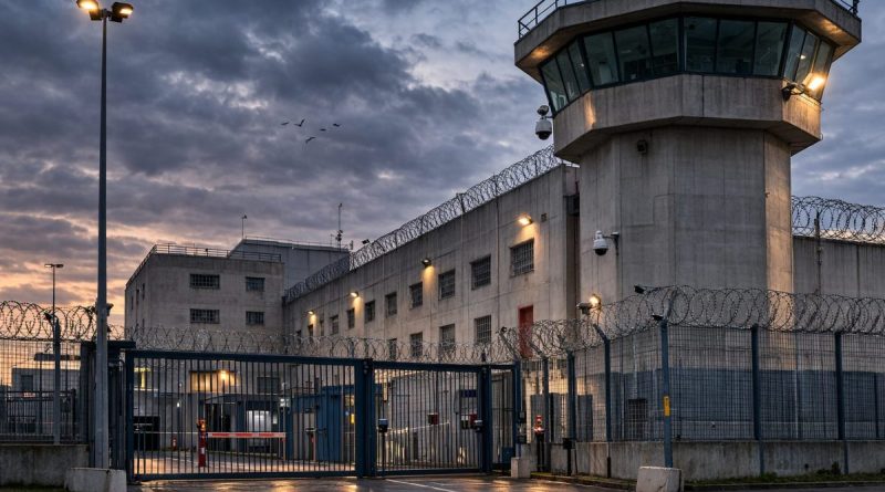 Entrée d’un établissement pénitentiaire sécurisé avec mirador de surveillance, hauts murs en béton, grillages et barbelés sous un ciel sombre, illustrant une prison française au cœur d’une polémique autour d’une évasion spectaculaire.