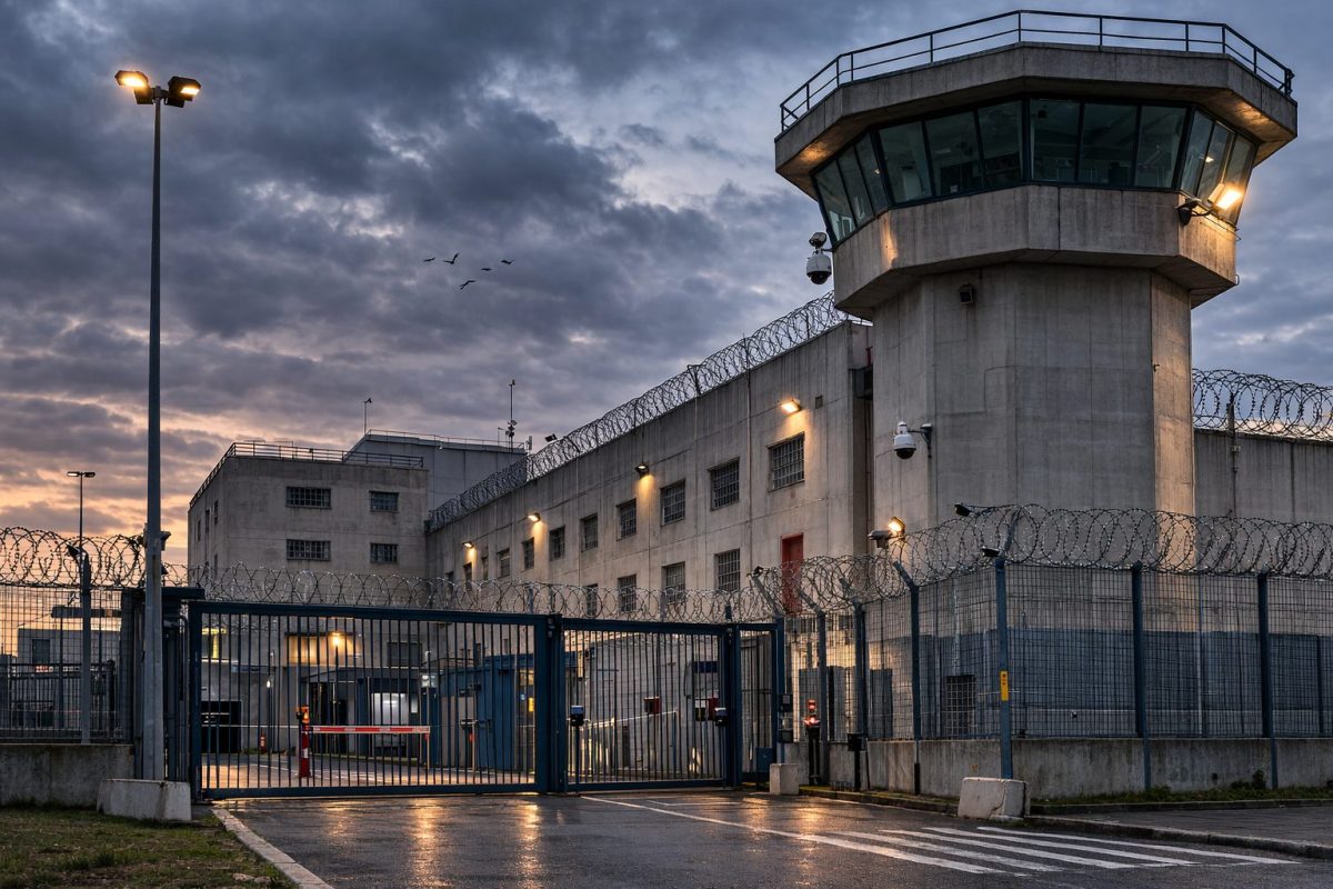 Entrée d’un établissement pénitentiaire sécurisé avec mirador de surveillance, hauts murs en béton, grillages et barbelés sous un ciel sombre, illustrant une prison française au cœur d’une polémique autour d’une évasion spectaculaire.