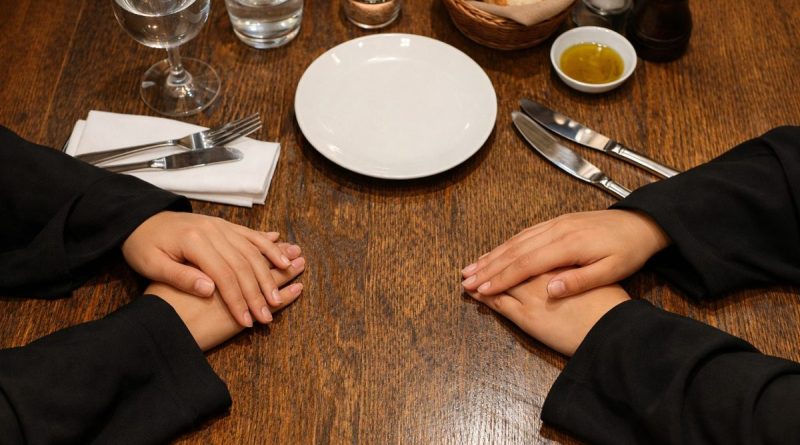Deux paires de mains posées sur une table de restaurant dressée avec assiette et couverts, les bras recouverts d’un tissu noir évoquant la tenue de femmes musulmanes, scène symbolisant une situation de refus de service dans un établissement.