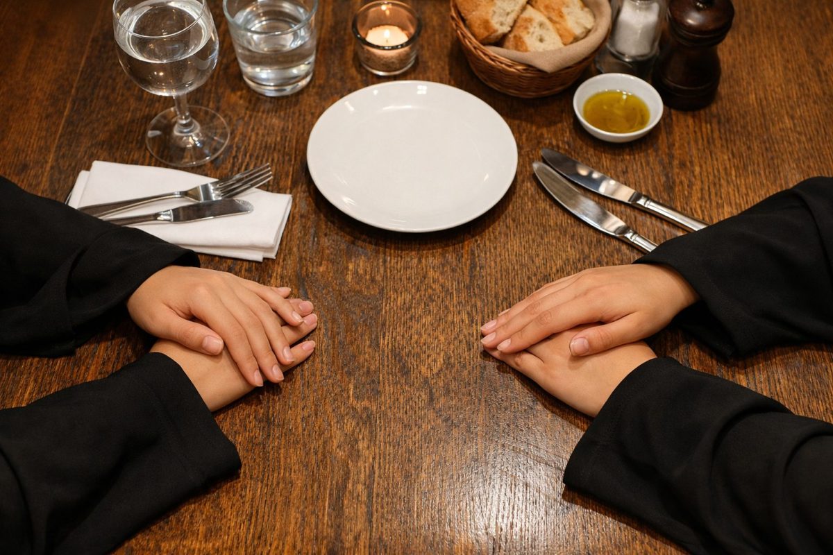 Deux paires de mains posées sur une table de restaurant dressée avec assiette et couverts, les bras recouverts d’un tissu noir évoquant la tenue de femmes musulmanes, scène symbolisant une situation de refus de service dans un établissement.
