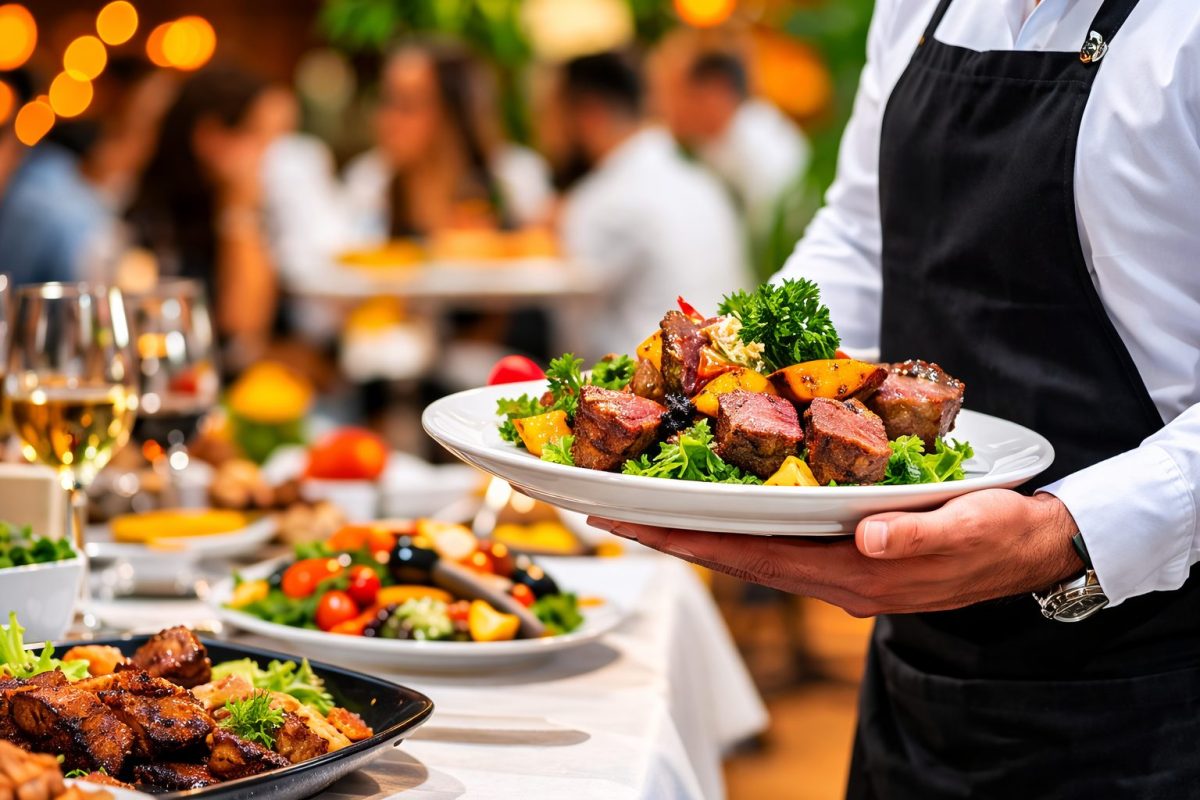 serveur tenant une assiette avec des morceaux de viande et des légumes dans un restaurant animé pendant le service