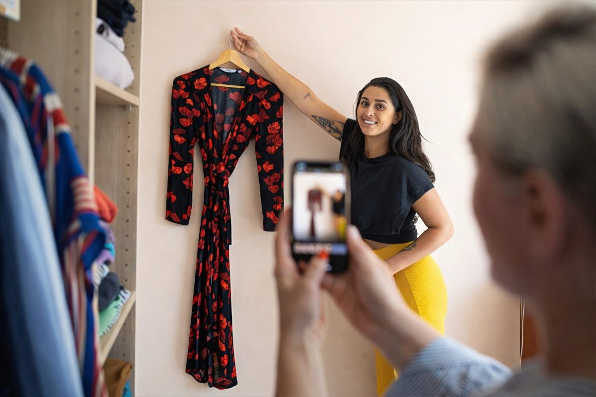 personne photographiant une robe suspendue sur un cintre avec un smartphone pour la vendre sur une application de vêtements d’occasion, dans une pièce avec une armoire remplie de vêtements