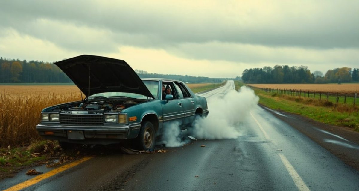 Voiture ancienne immobilisée sur le bord d’une route de campagne avec le capot ouvert et de la fumée sortant du moteur, illustrant une panne mécanique survenue après un plein de carburant.