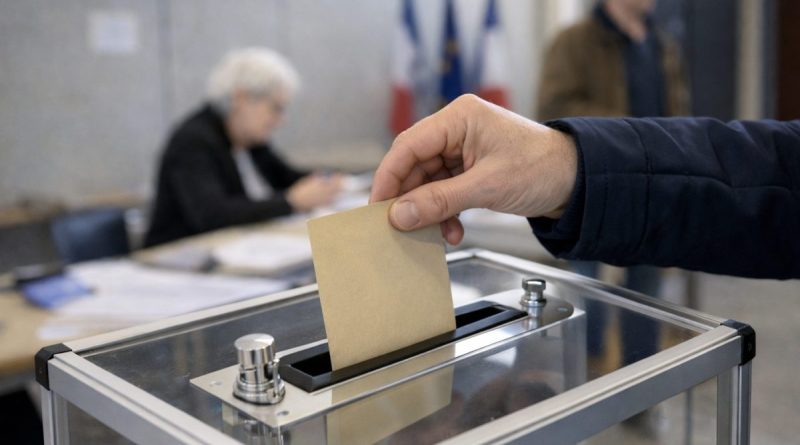 main d’un électeur déposant un bulletin dans une urne transparente lors d’une élection municipale dans un bureau de vote en France