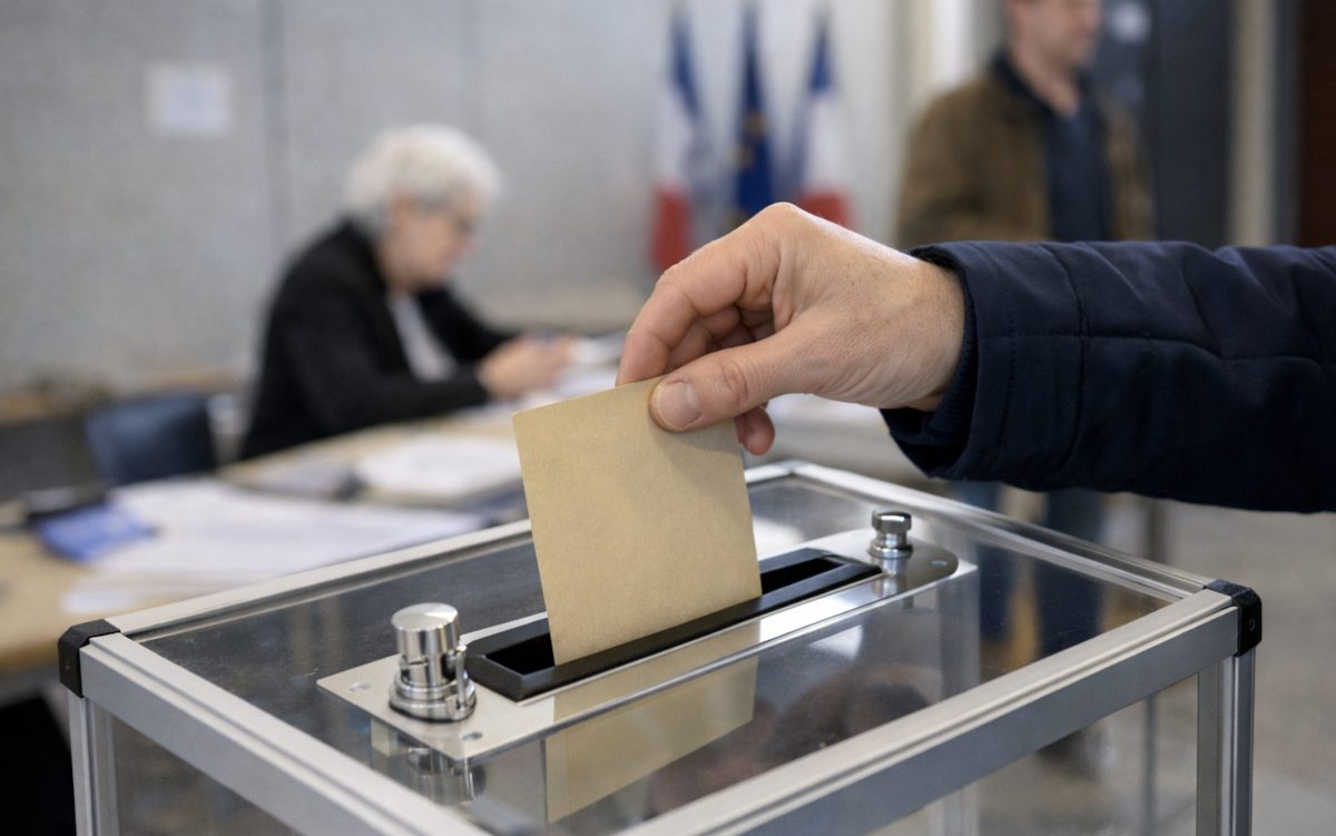 main d’un électeur déposant un bulletin dans une urne transparente lors d’une élection municipale dans un bureau de vote en France
