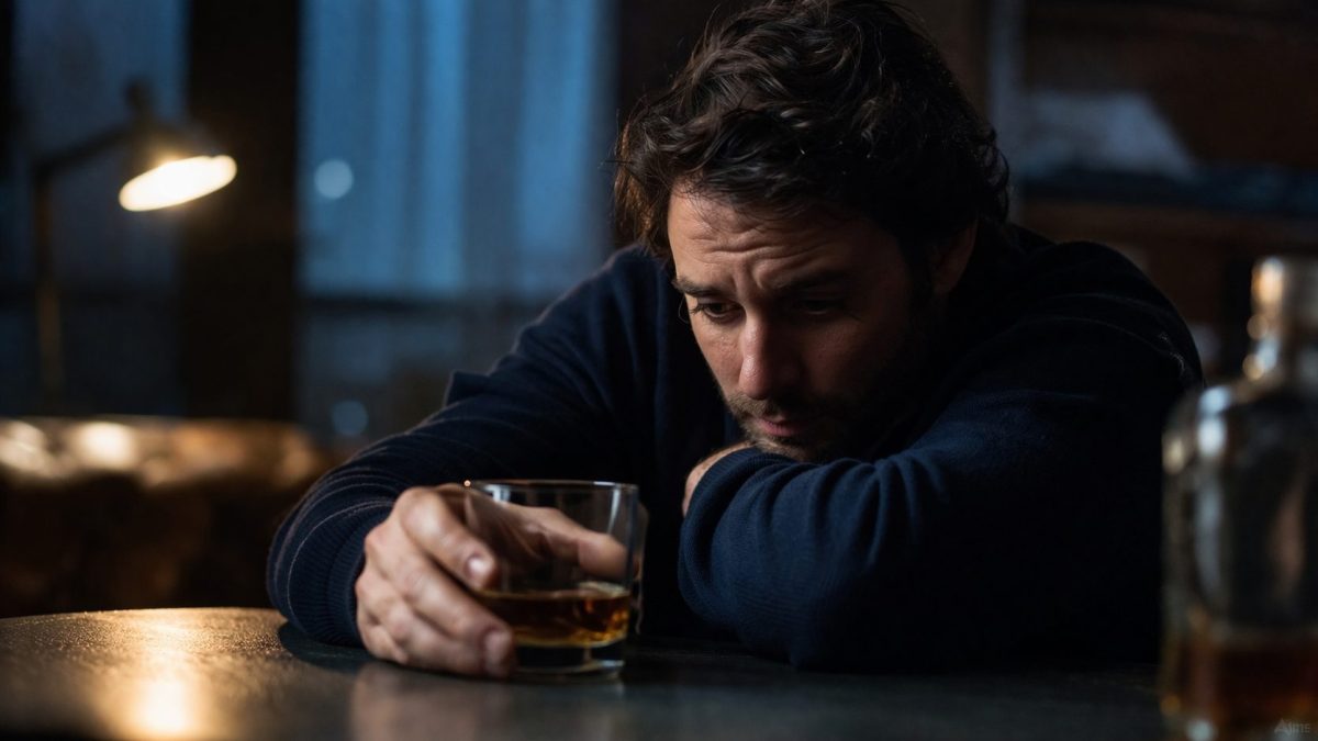 Personne seule assise dans une pièce sombre tenant un verre d’alcool, regard perdu et fatigué, ambiance nocturne et introspective illustrant la dépendance, le mal-être et la perte de contrôle liée à la consommation