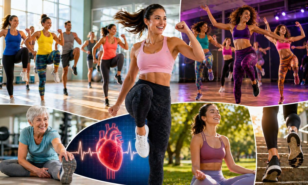 Personnes pratiquant l’aérobic en groupe dans une salle de fitness moderne avec mouvements dynamiques, énergie collective et ambiance motivante