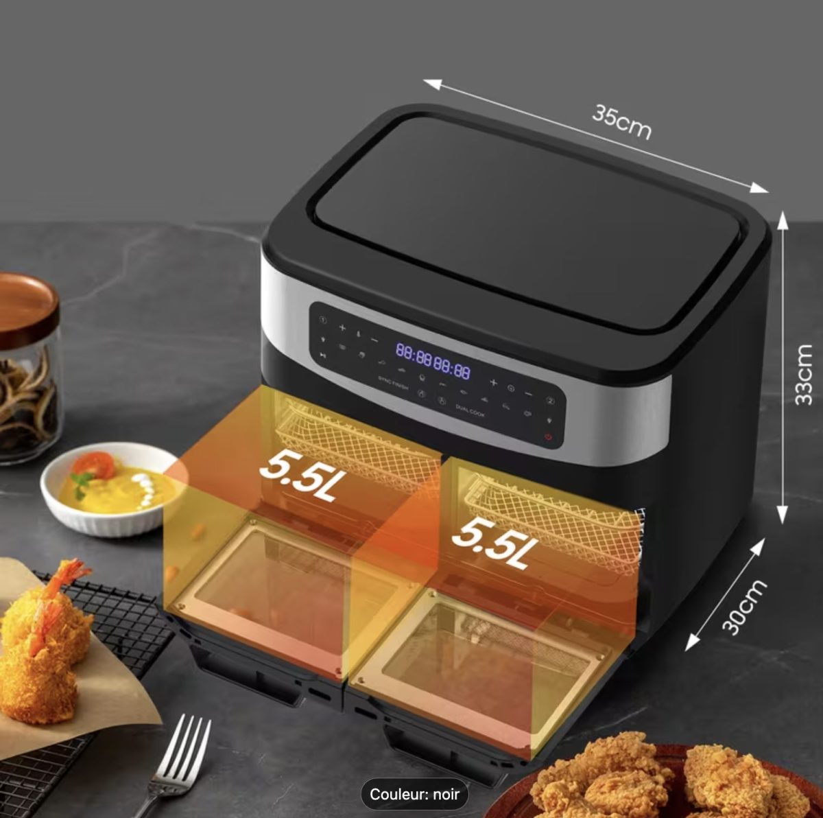 Friteuse à air chaud 12 litres double zone vue en perspective sur un plan de travail, avec indication des dimensions (35 cm de largeur, 33 cm de hauteur, 30 cm de profondeur) et deux compartiments indépendants de 5,5 litres chacun, montrant la grande capacité de cuisson simultanée dans un appareil de cuisine moderne sans huile