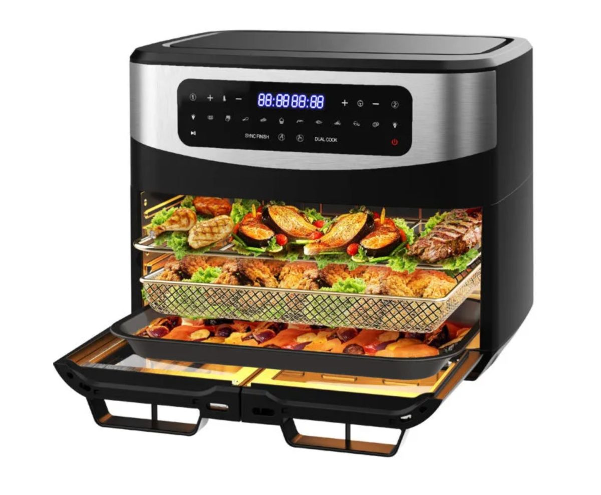 Friteuse à air chaud 12 litres double zone ouverte avec cuisson multi-niveaux, montrant différents aliments comme poulet grillé, légumes rôtis, viande et préparations croustillantes disposés sur plusieurs grilles, appareil de cuisine moderne avec écran tactile LED permettant une cuisson rapide sans huile et homogène