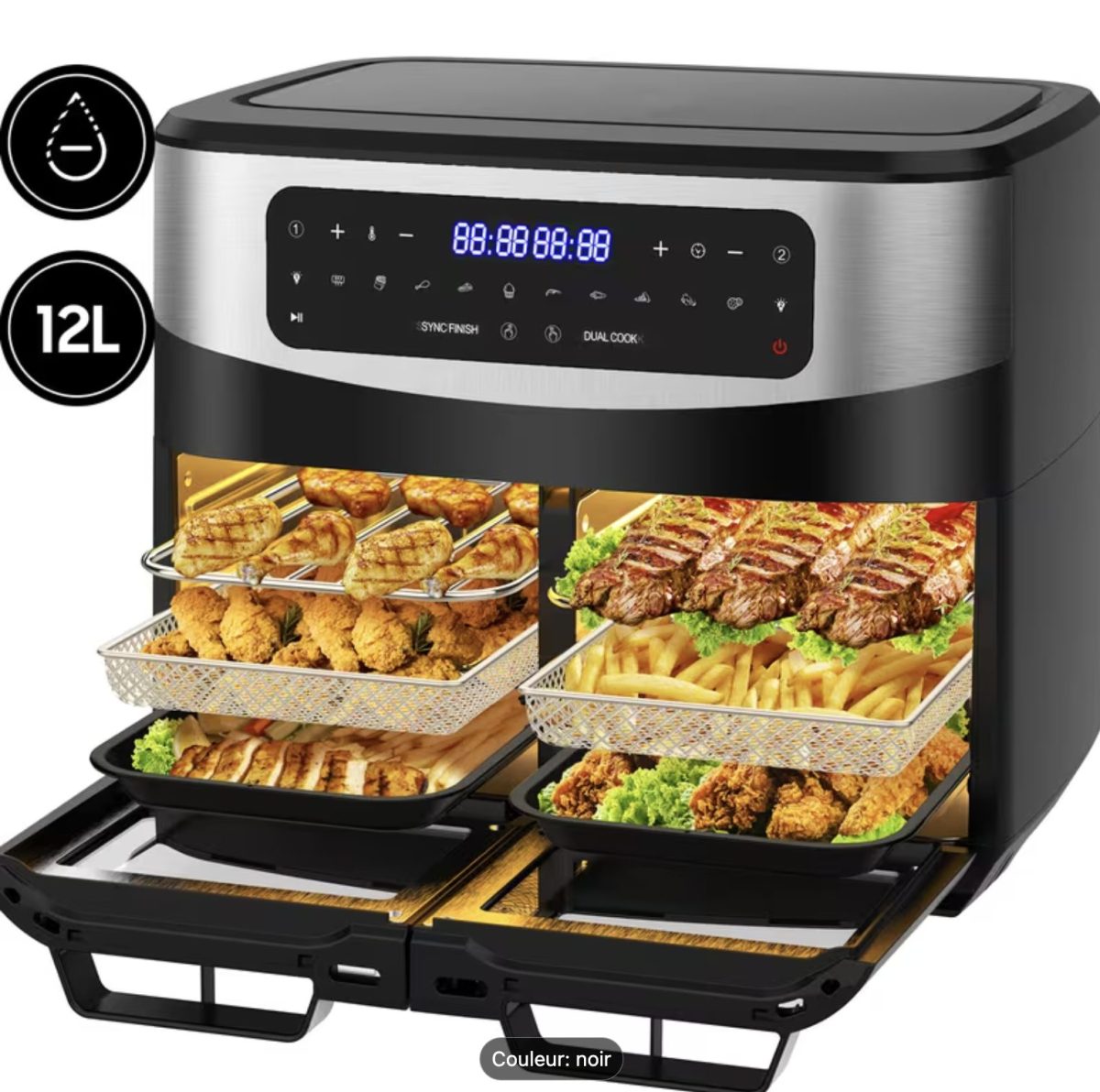 Friteuse à air chaud 12 litres double zone avec deux tiroirs ouverts montrant plusieurs niveaux de cuisson simultanée, contenant des frites, des steaks grillés, du poulet croustillant et des nuggets, équipée d’un écran tactile LED en façade, permettant une cuisson rapide sans huile dans un appareil de cuisine moderne noir avec grande capacité familiale