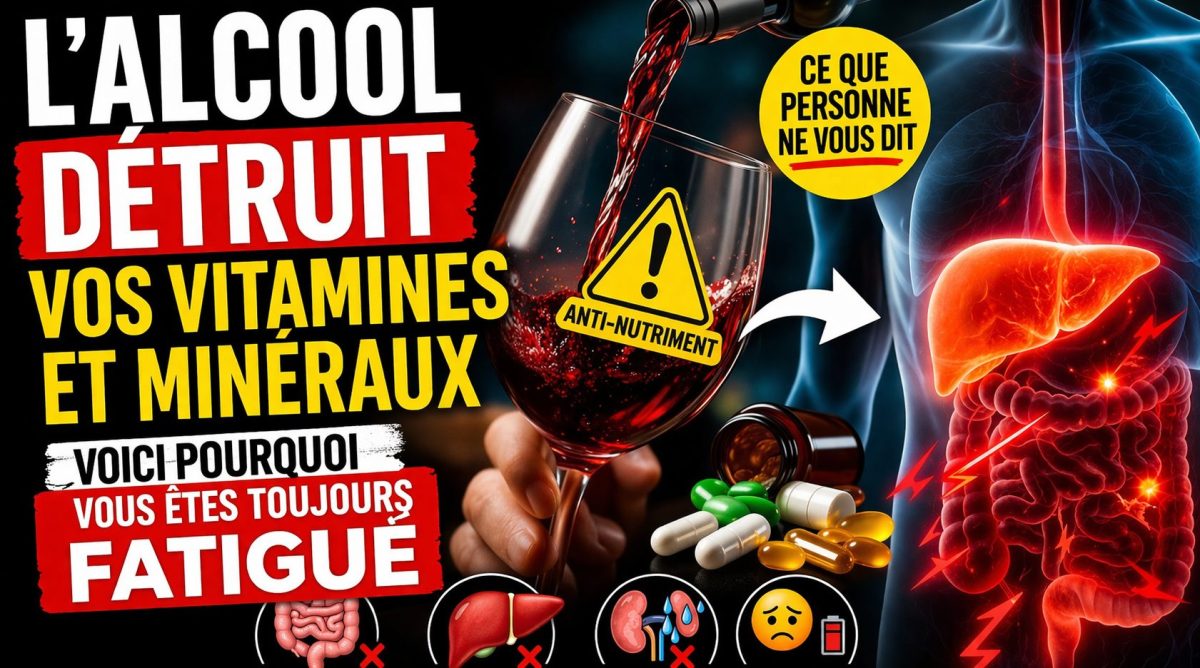 infographie pédagogique expliquant comment l’alcool agit comme un anti-nutriment en bloquant l’absorption des vitamines B, en agressant le foie, en éliminant les minéraux comme le magnésium et le zinc, et en provoquant un appauvrissement global de l’organisme