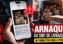 Téléphone affichant un SMS frauduleux de livraison avec photo de colis dans un camion, pictogrammes d’alerte et mise en scène d’une arnaque en ligne visant à piéger les utilisateurs