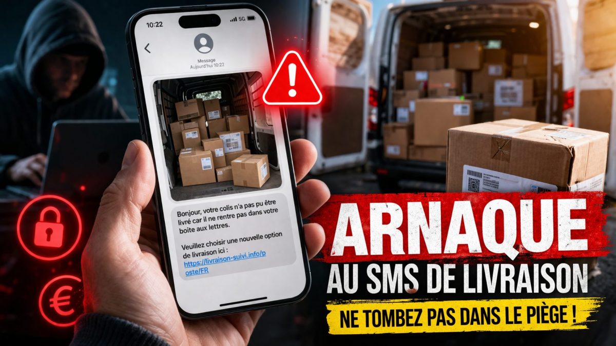Téléphone affichant un SMS frauduleux de livraison avec photo de colis dans un camion, pictogrammes d’alerte et mise en scène d’une arnaque en ligne visant à piéger les utilisateurs